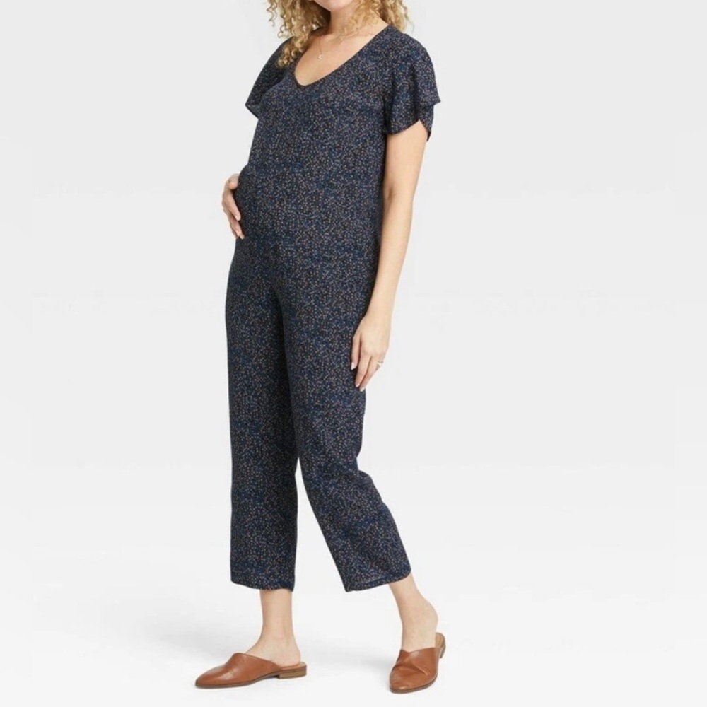 The Nines by HATCH Black floral cropped maternity jumpsuit size medium